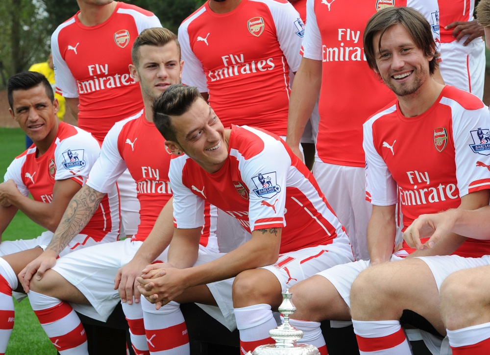 Mesut Ozil and Tomas Rosicky have fun at Arsenal photocall