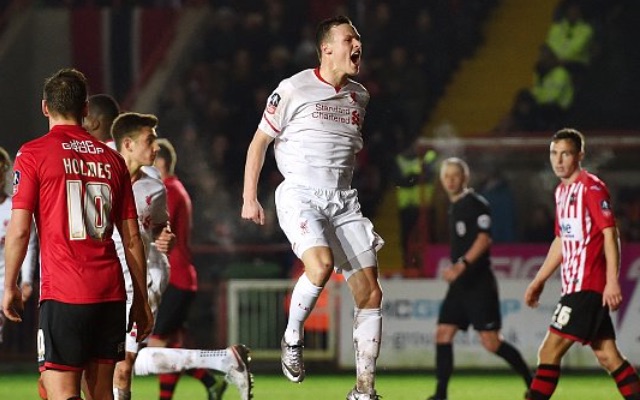 Brad Smith celebrates first Liverpool goal v Exeter City