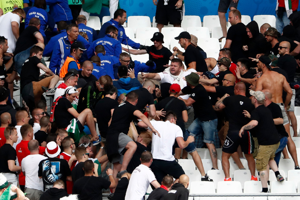 Groups of supporters clash ahead of the Euro 2016 group F football match between Iceland and Hungary at the Stade Velodrome in Marseille on June 18, 2016. / AFP PHOTO / ODD ANDERSENODD ANDERSEN/AFP/Getty Images