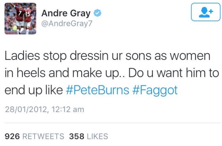 Andre Gray homophobic tweet, including F-bomb