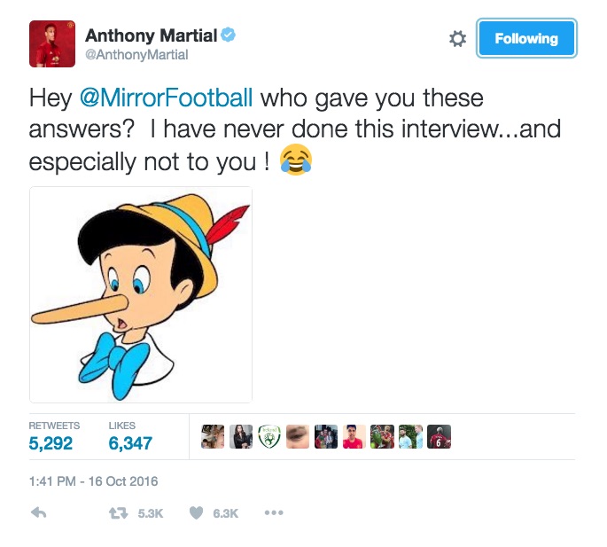 Anthony Martial Pinocchio jibe at The Mirror