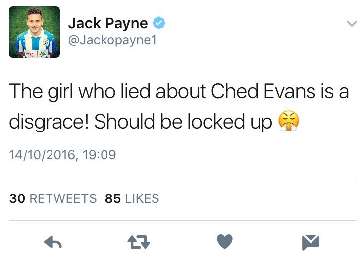 Deleted Jack Payne Tweet about Ched Evans rape case