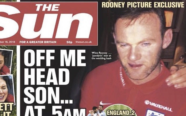 Wayne Rooney drunk on The Sun front page
