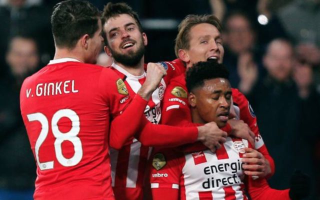 PSV players celebrating with Bergwijn