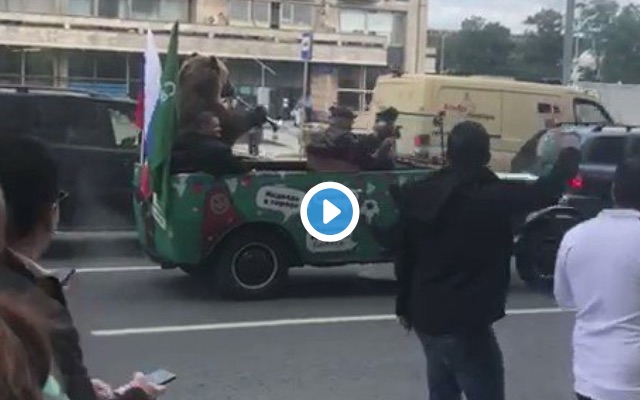 Bear plays vuvuzela at World Cup in Moscow, Russia