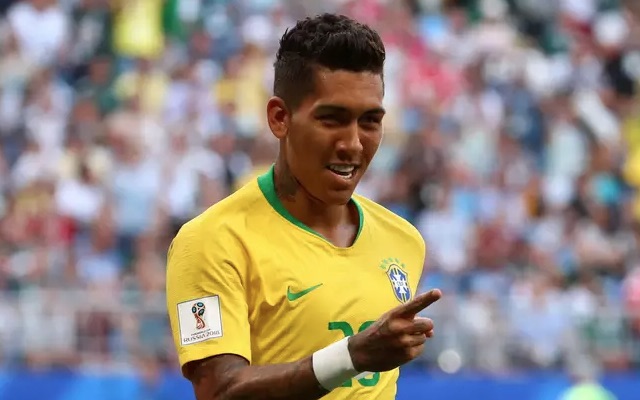 Roberto Firmino celebrates Brazil goal at World Cup