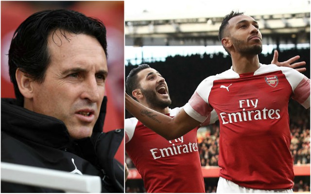 Arsenal manager Unai Emery and Sead Kolasinac and Pierre-Emerick Aubameyang