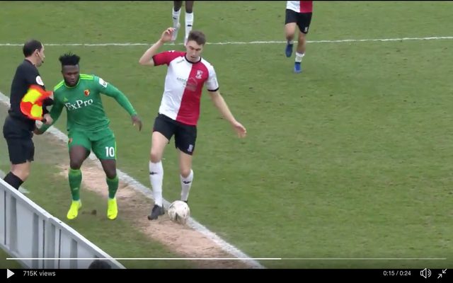 Video-Watfords-Success-pushes-assitant-referee-over-adverting-board