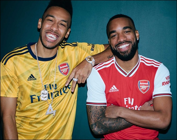 Pierre-Emerick Aubameyang and Alexandre Lacazette show off Arsenal's 2019/2020 shirts