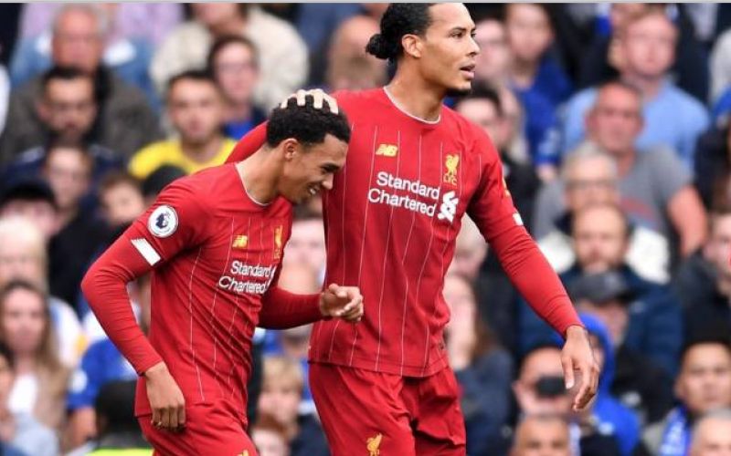 Trent Alexander-Arnold celebrates against Chelsea at Stamford Bridge