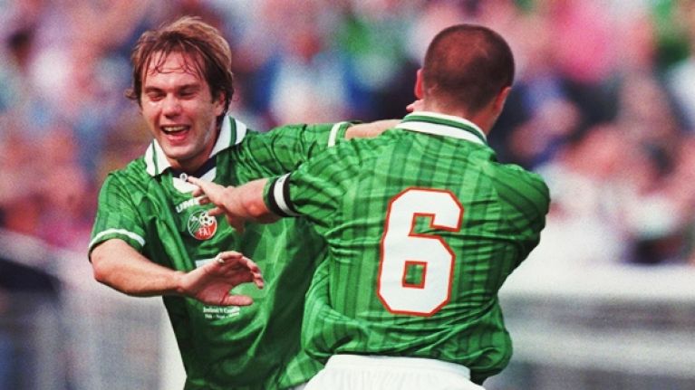 Keane and McAteer either celebrating or fighting