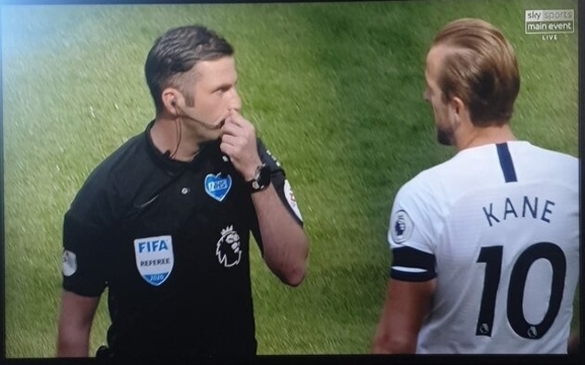 Harry Kane talking to Michael Oliver