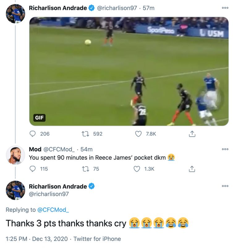 Richarlison second crybaby tweet to Chelsea fan