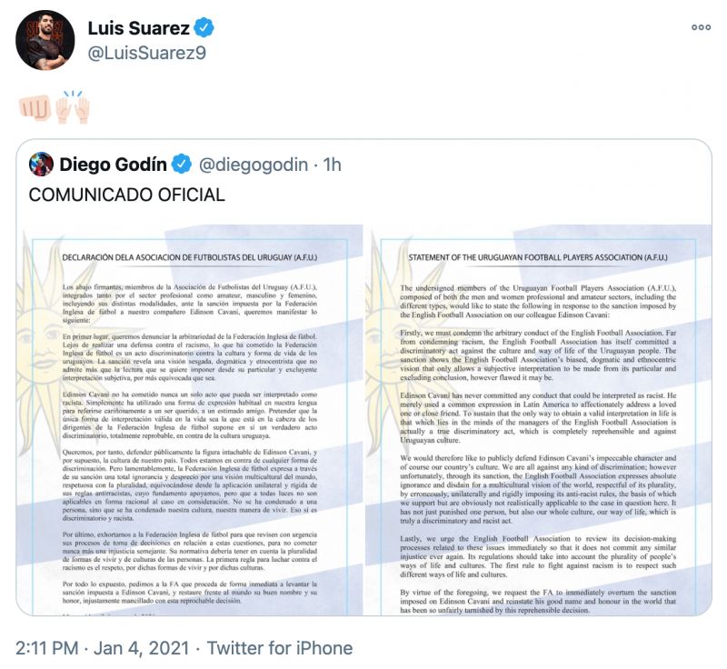 Luis Suarez shares Uruguayan PFA statement on Cavani
