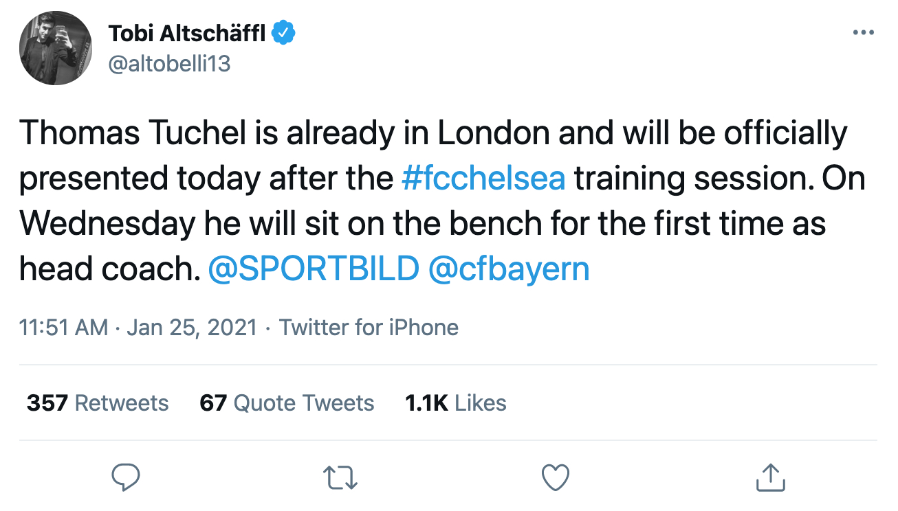 Tobi Bild tweet on Tuchel already in London for Chelsea job