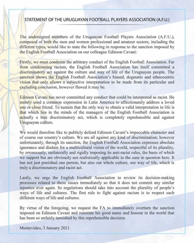 Uruguay PFA statement on Cavani
