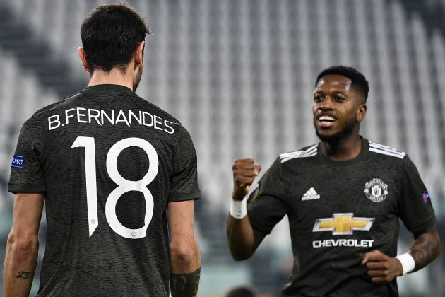 Bruno Fernandes and Fred celebrate for Man United
