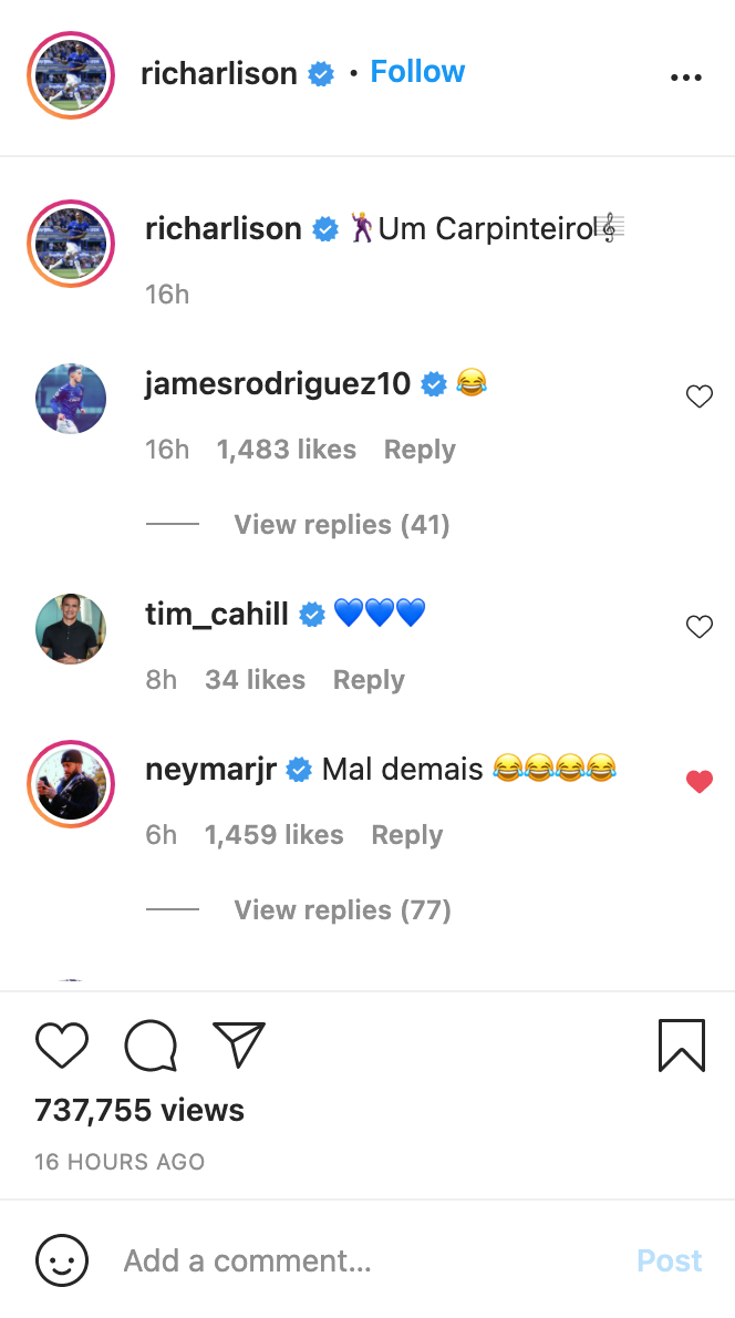 Neymar reacts after Richarlison scores winner for Everton vs Arsenal
