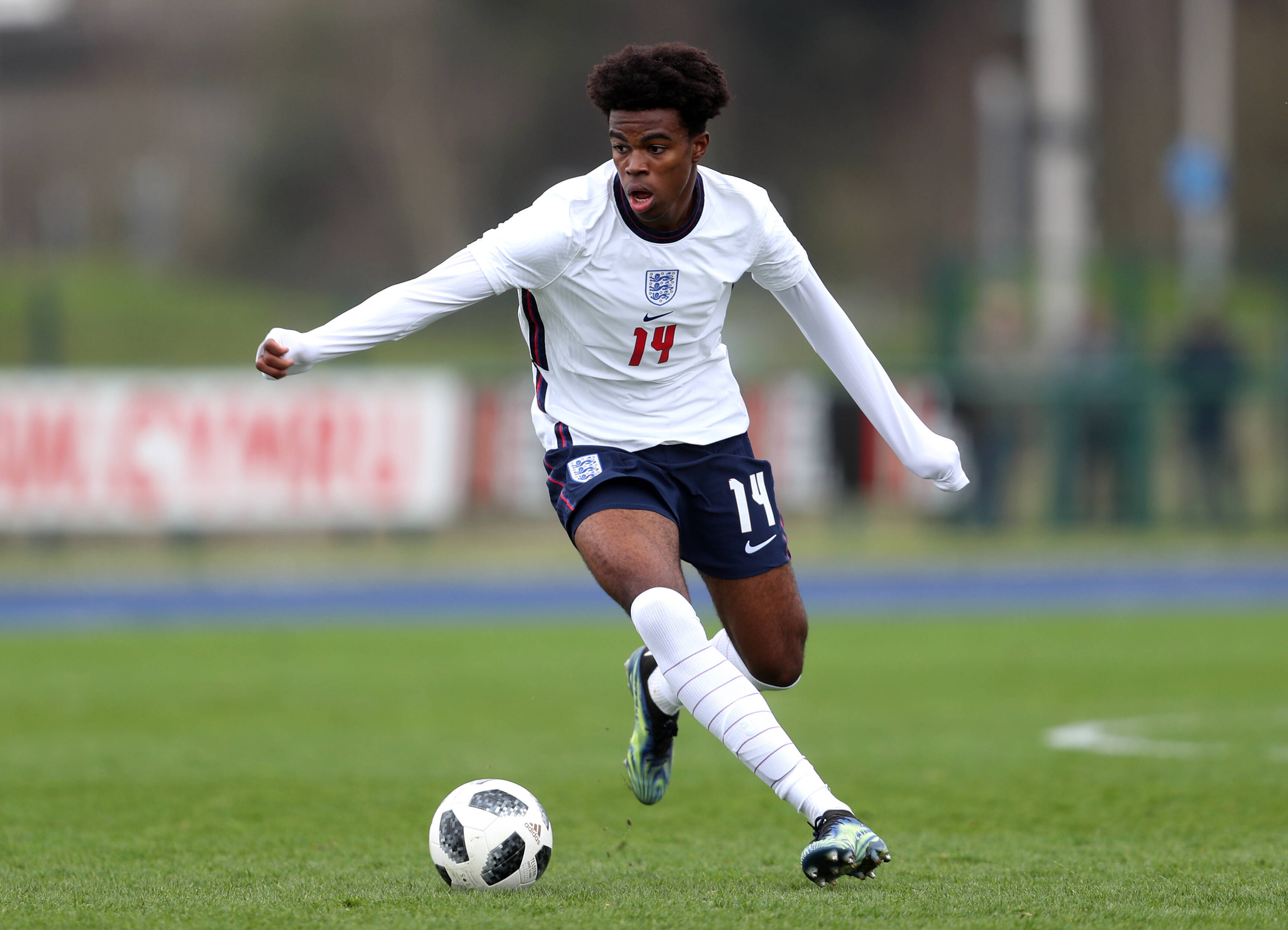 Carney Chukwuemeka dribbles for England Under-18s Carney Chukwuemeka dribbles for England Under-18s