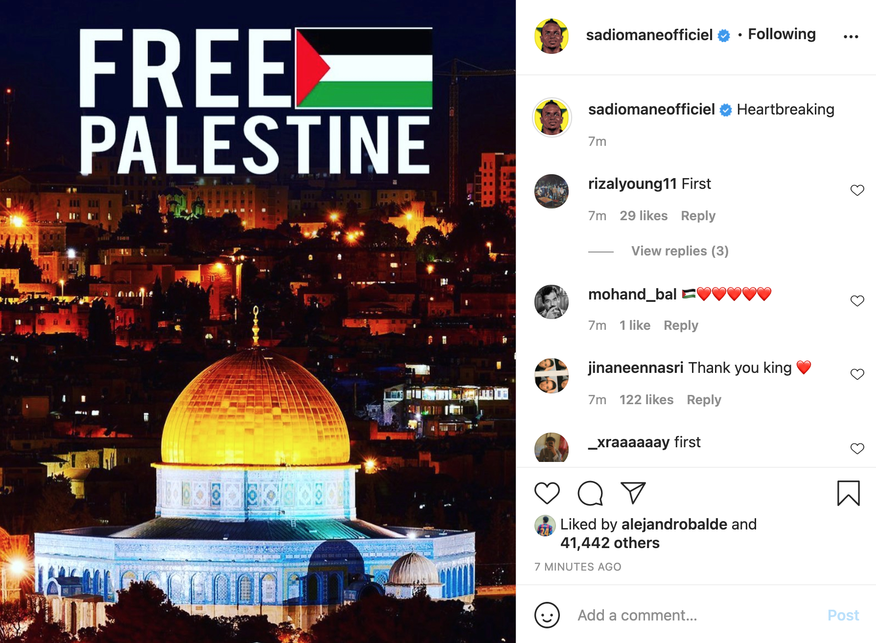 Sadio Mane calls for 'Free Palestine