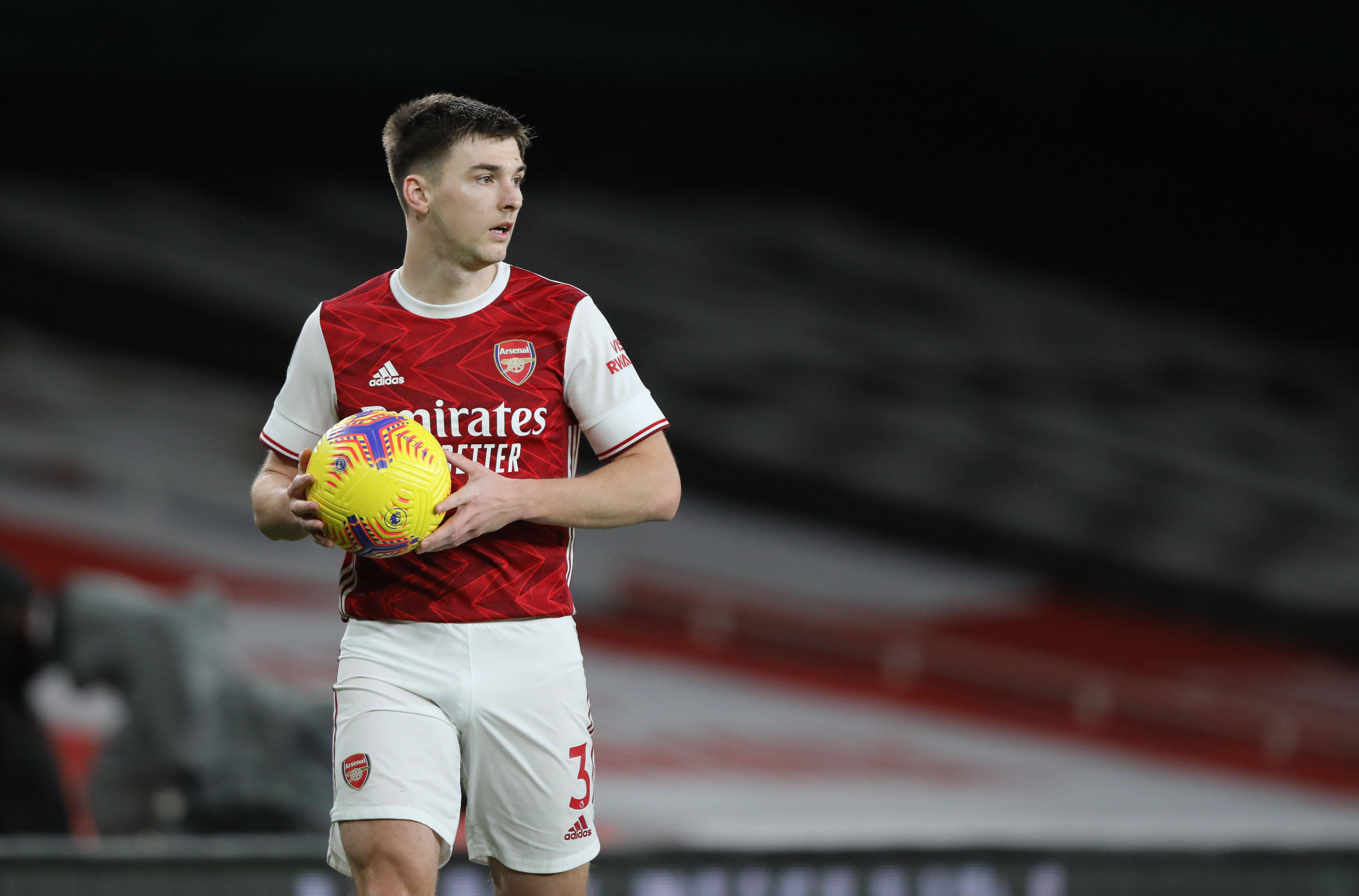 Kieran Tierney takes throw in for Arsenal