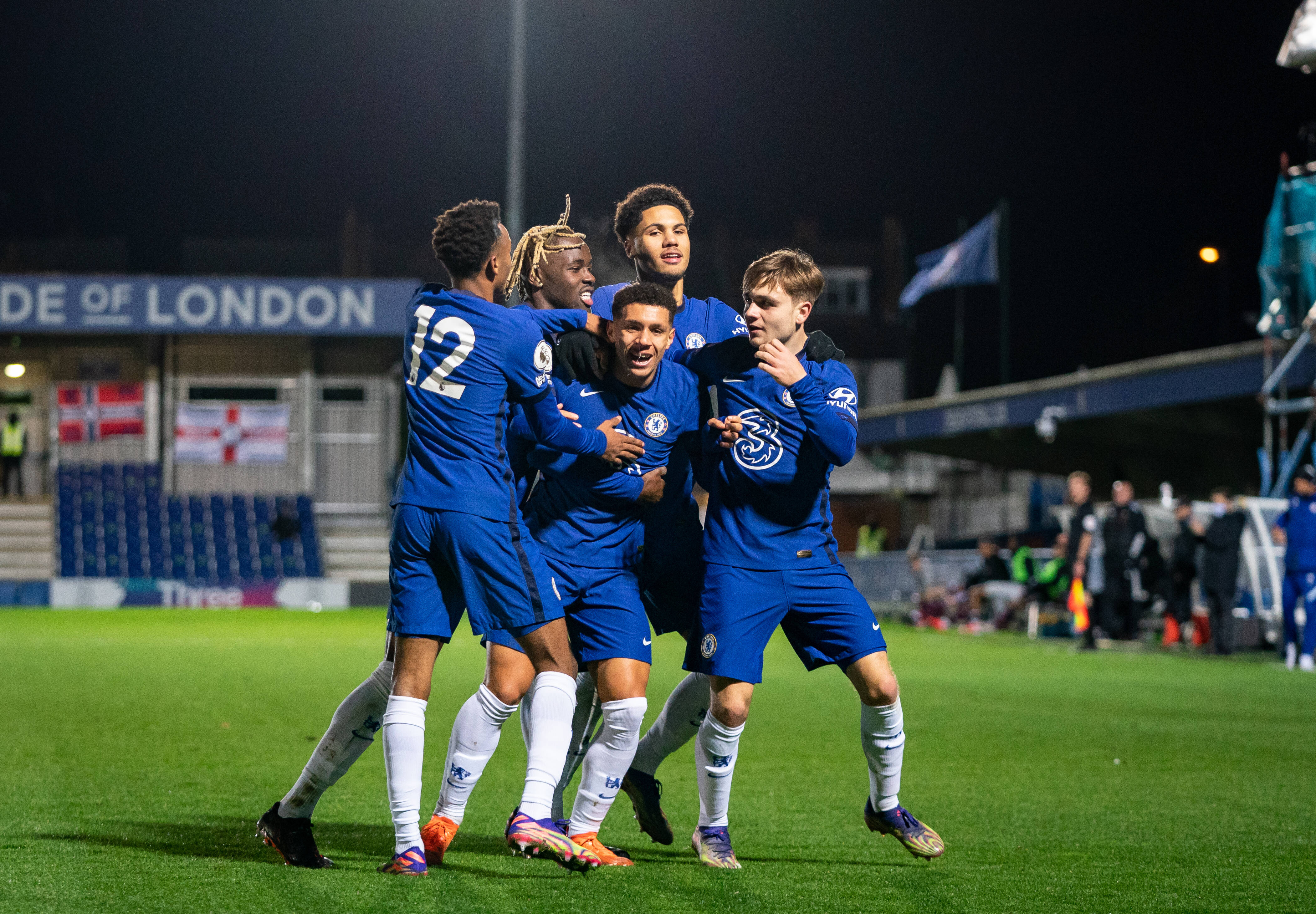 Bate, Peart-Harris and Lawrence celebrate for Chelsea Under-23s