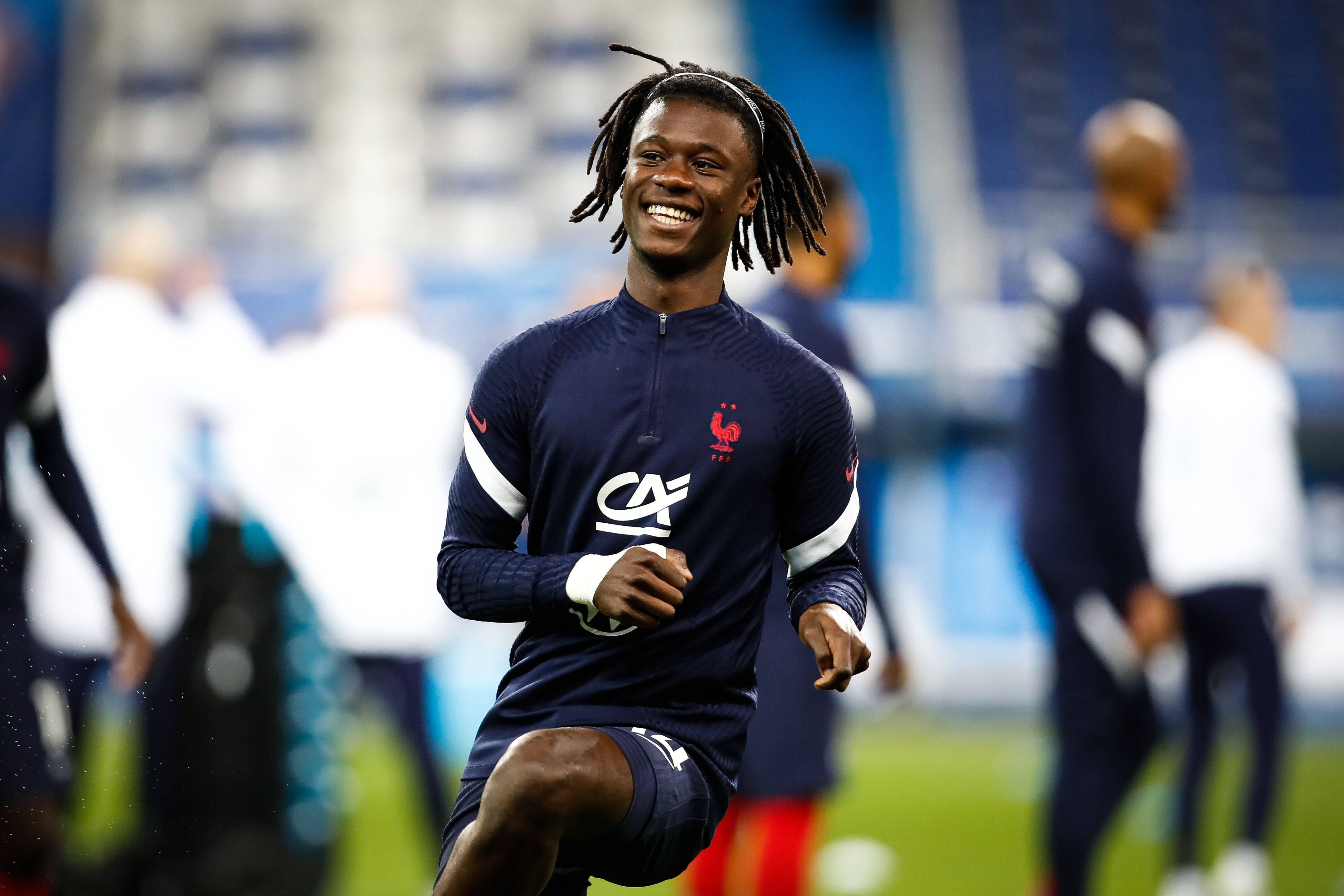 Eduardo Camavinga smiles for France during training
