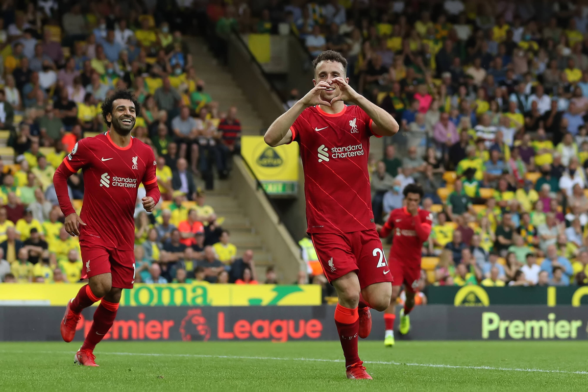 Diogo Jota celebrates for Liverpool vs Norwich
