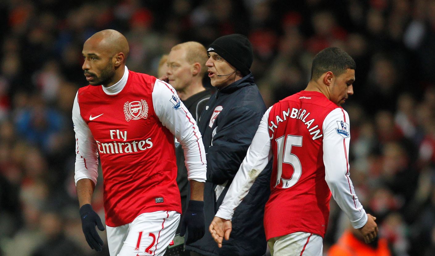 Alex Oxlade-Chamberlain being subbed off for Arsenal team-mate Thierry Henry in 2012