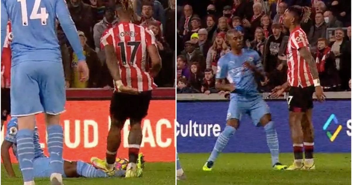 Fernandinho and Ivan Toney clash during Brentford vs Man City