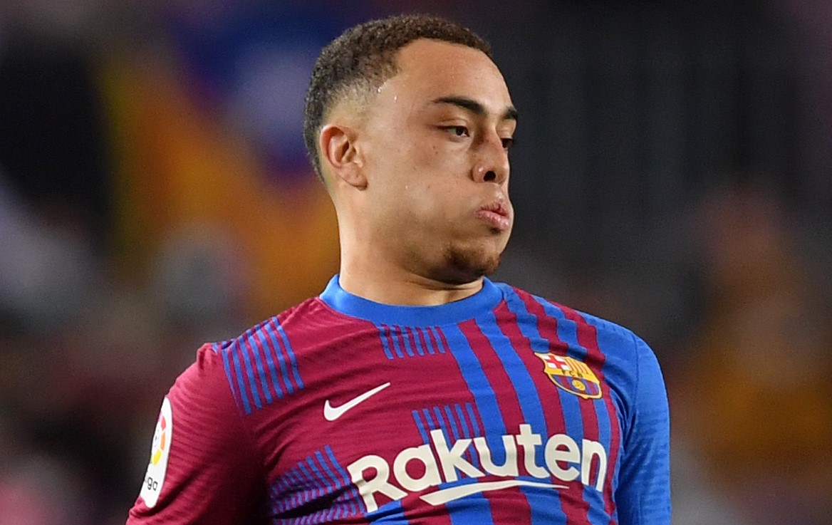 Sergino Dest of FC Barcelona is being looked at by Chelsea