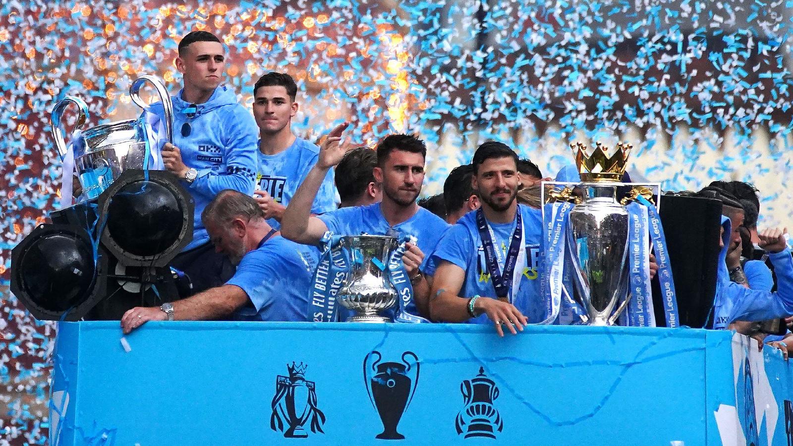 A photo taken during Manchester City's celebratory parade in June 2023 following the club's treble triumph