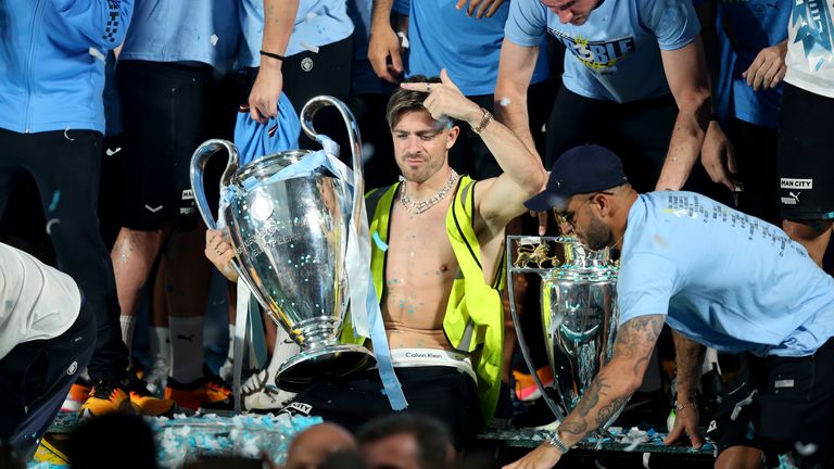 Jack Grealish led Man City's treble celebrations last season