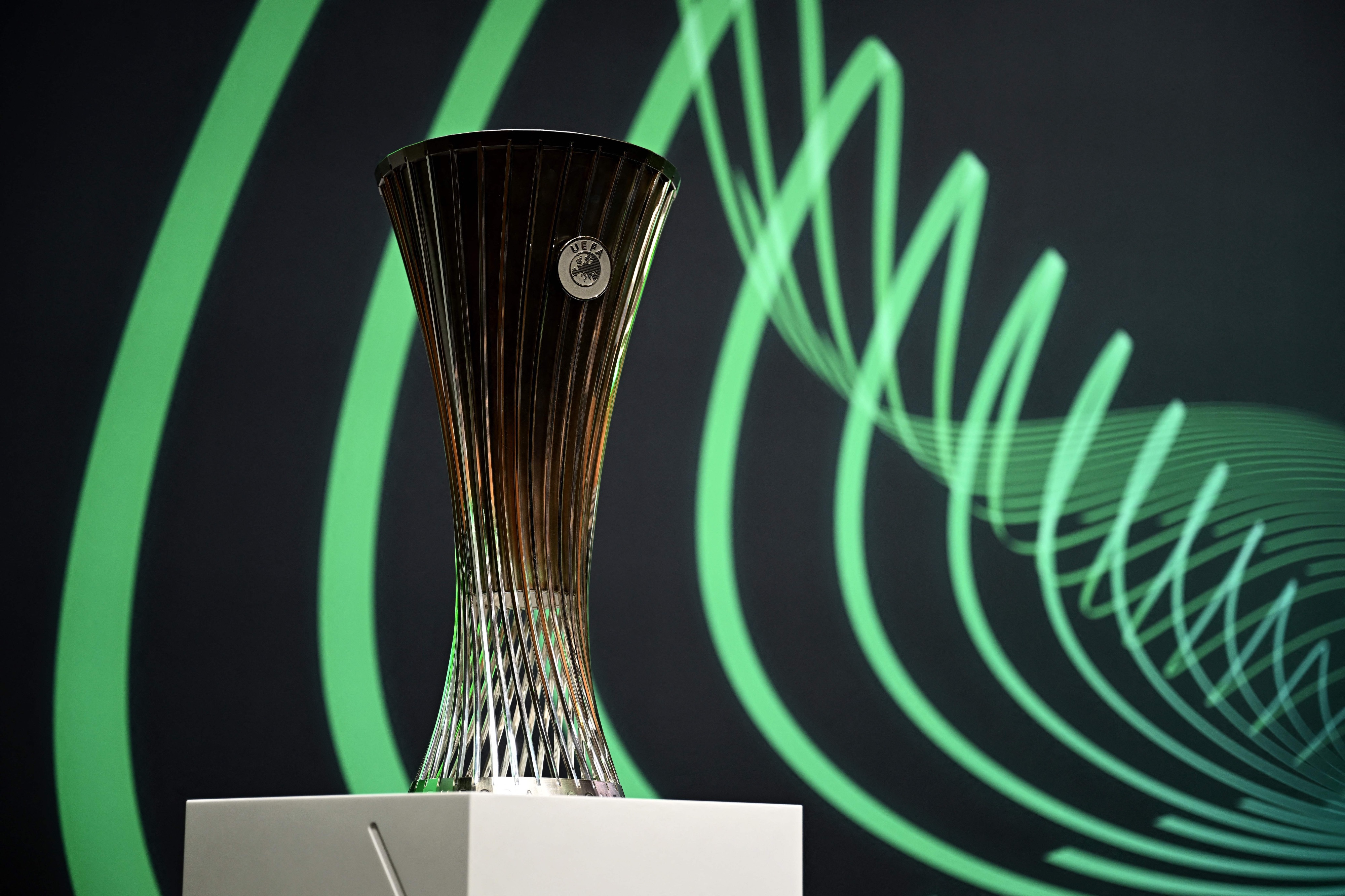 A photo of the UEFA Europa Conference League trophy
