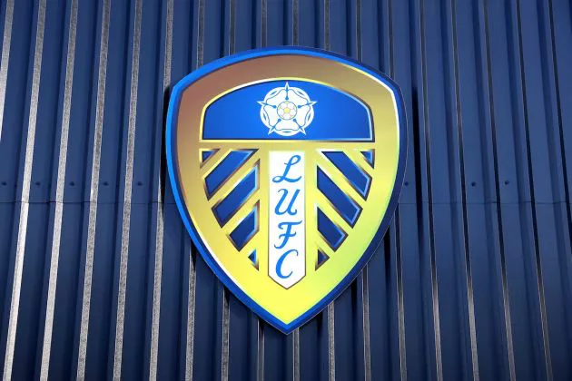 LEEDS, ENGLAND - DECEMBER 05: A general view of a Leeds United crest on a wall outside the stadium prior to the Premier League match between Leeds United and Brentford at Elland Road on December 05, 2021 in Leeds, England.