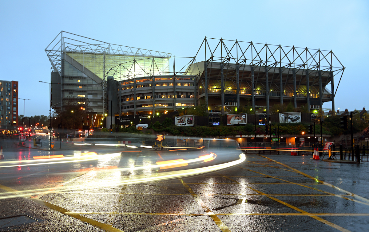 NEWCASTLE UPON TYNE, ENGLAND - OCTOBER 25: A general view of St James' Park outside prior to the UEFA Champions League match between Newcastle United FC and Borussia Dortmund at St. James Park on October 25, 2023 in Newcastle upon Tyne, England.