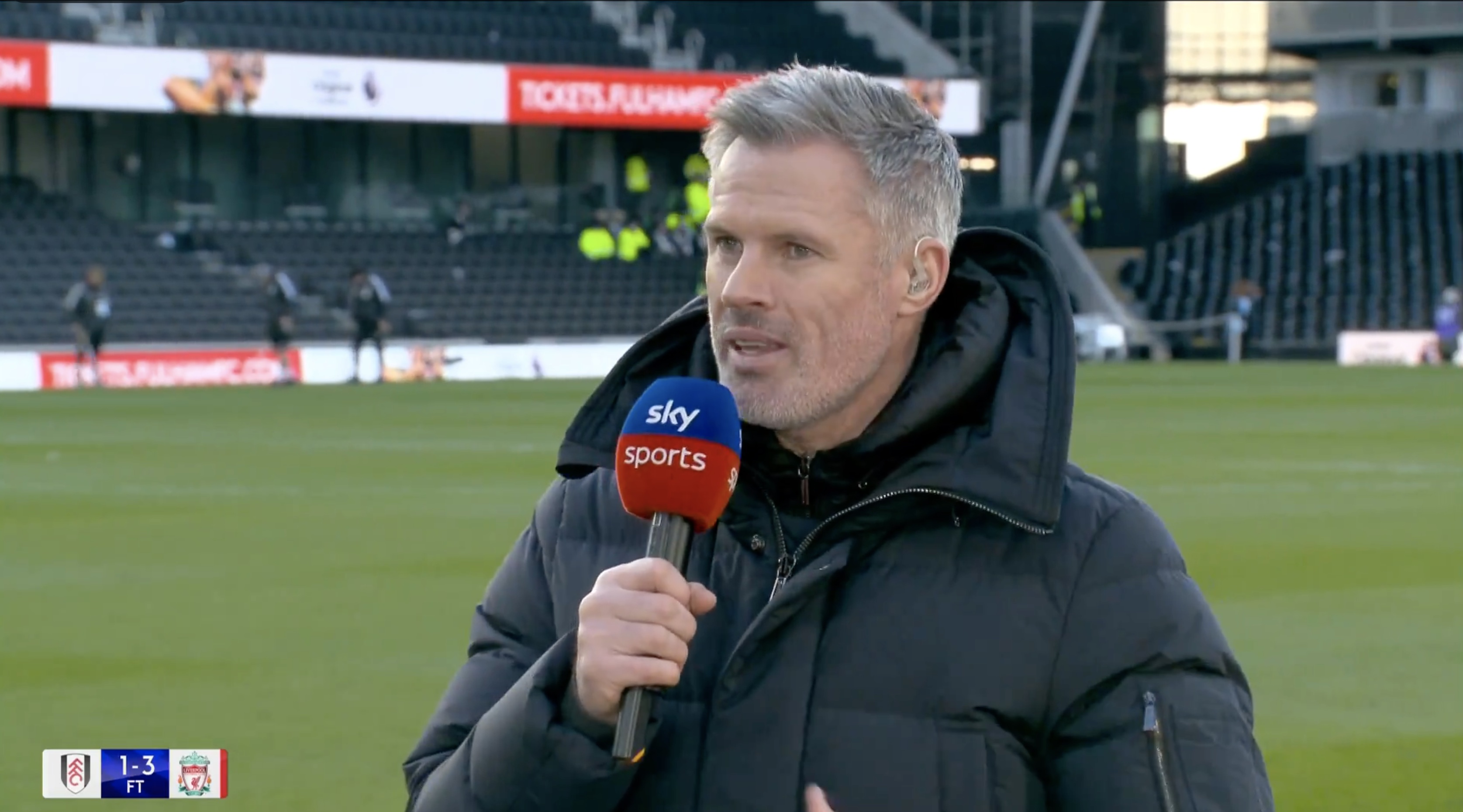 Jamie Carragher talking after Liverpool's win over Fulham.