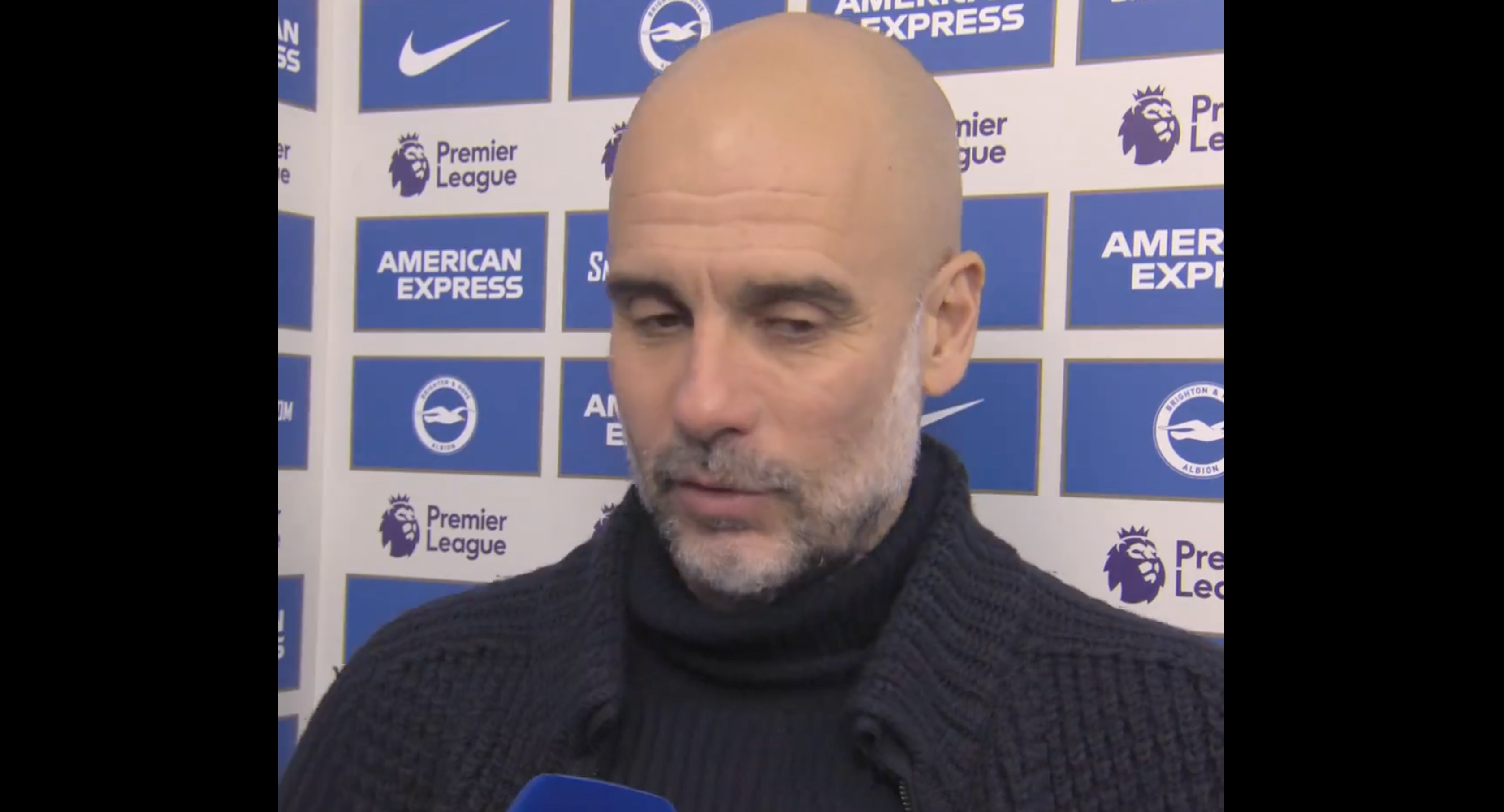 Pep Guardiola reacts to Brighton win.
