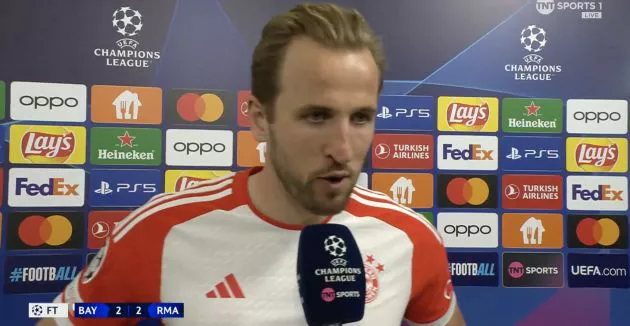 Harry Kane reacts to Real Madrid draw.