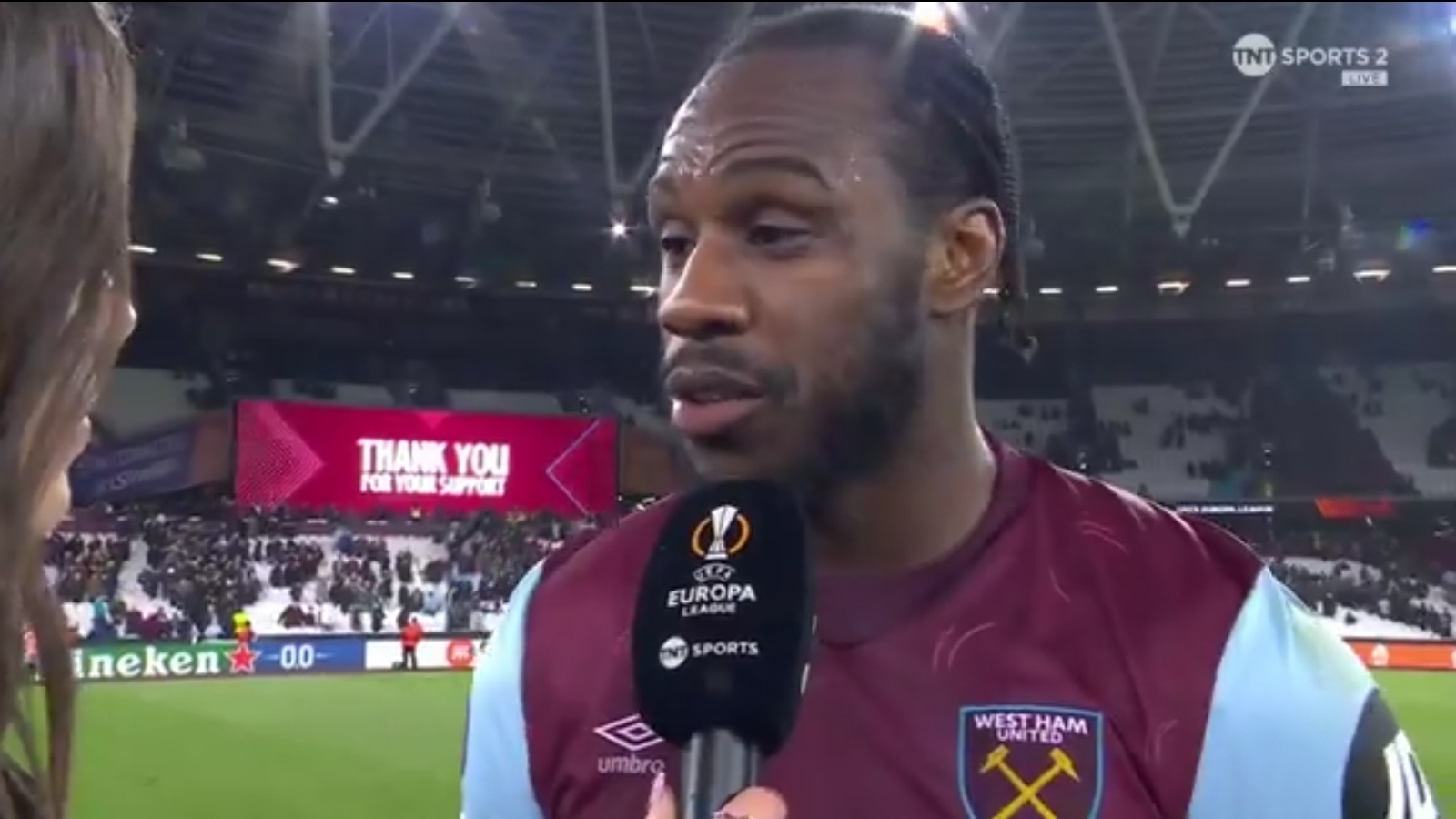 Michail Antonio reacts to Europa League exit.