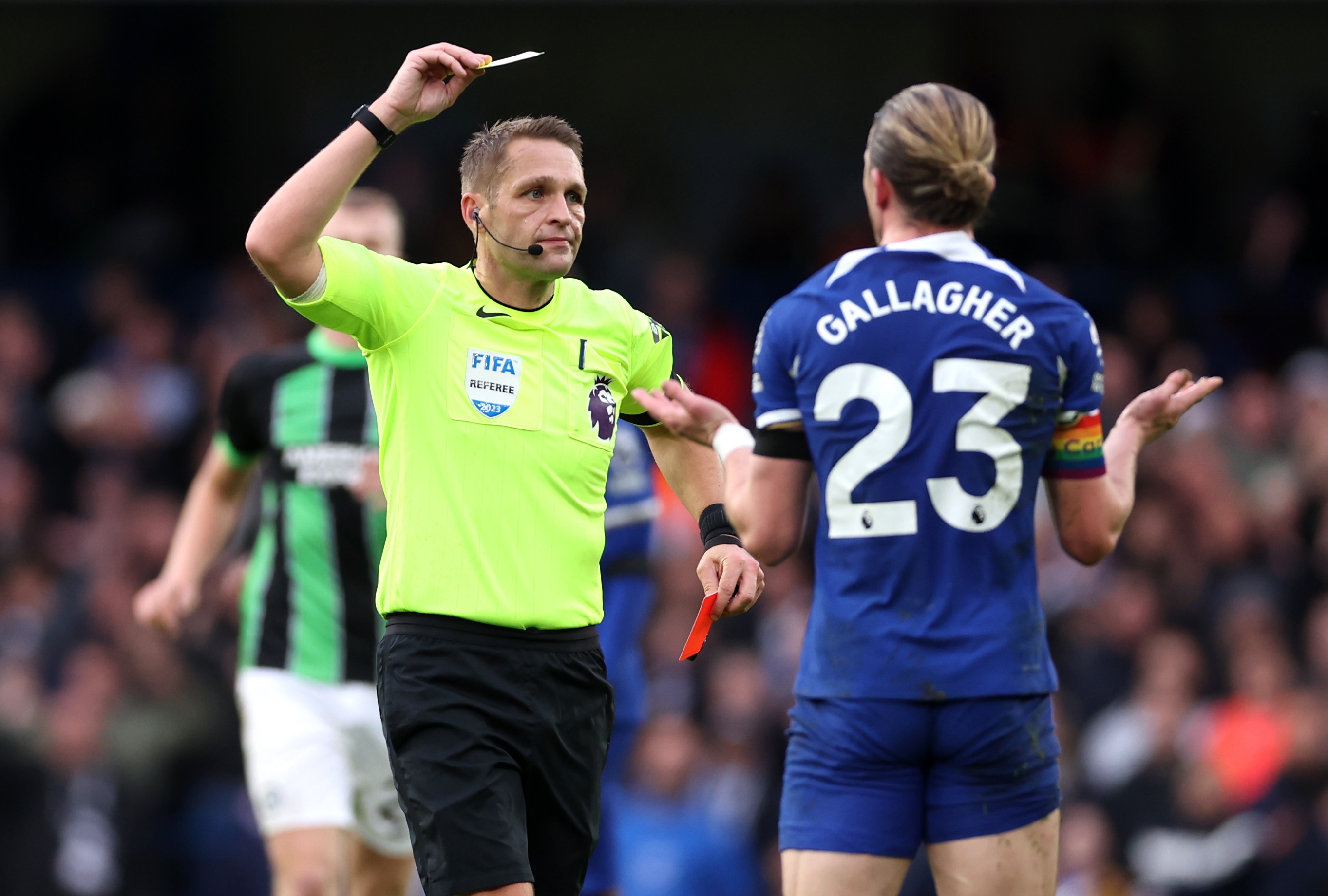 Conor Gallagher pictured being shown a red card during Chelsea's 3-2 win over Brighton in