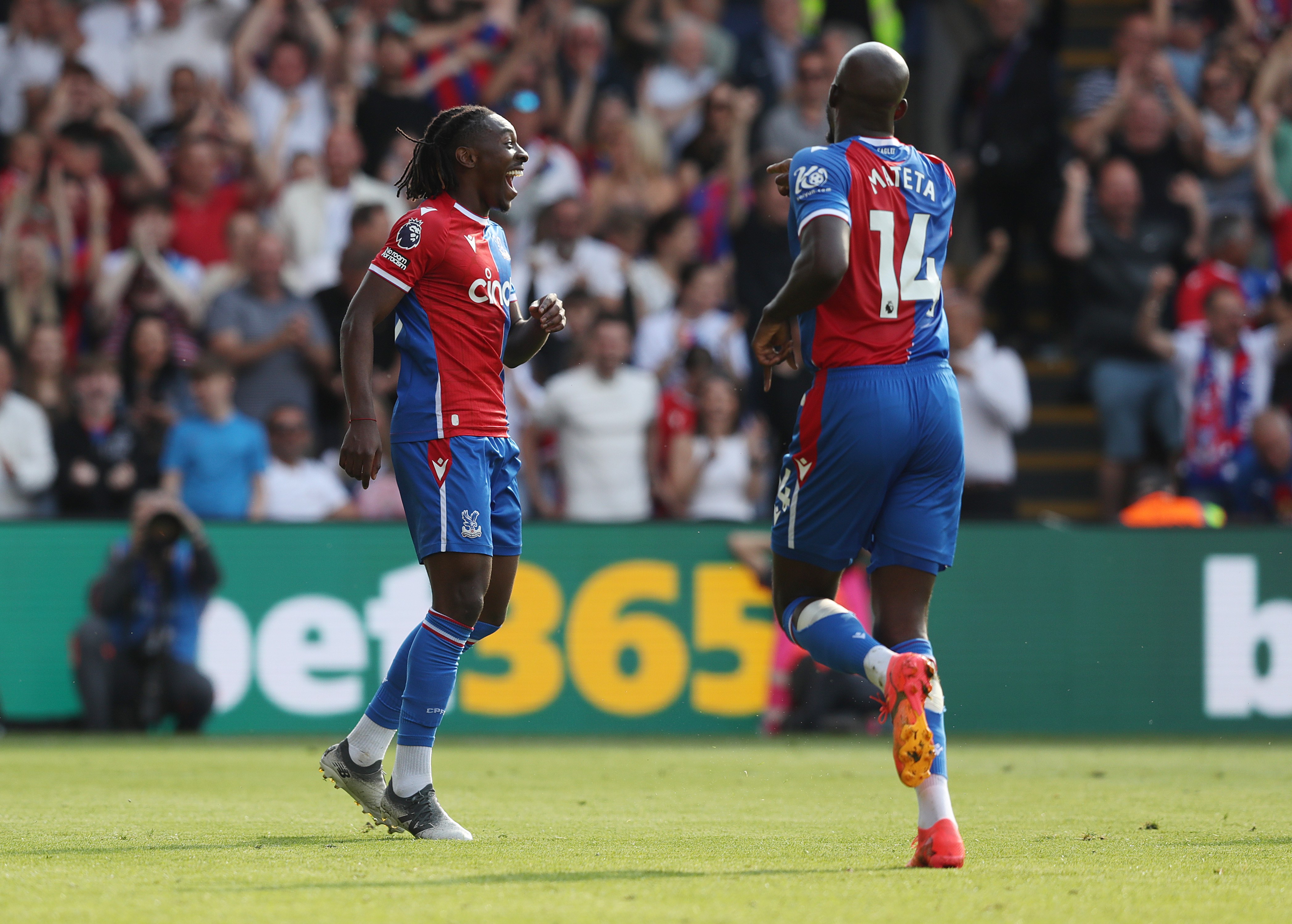 Eberechi Eze (left) and Jean-Philippe Mateta (right) pictured celebrating during Crystal Palace's 5-0 win over Aston Villa in May 2024 Eberechi Eze (left) and Jean-Philippe Mateta (right) pictured celebrating during Crystal Palace's 5-0 win over Aston Villa in May 2024