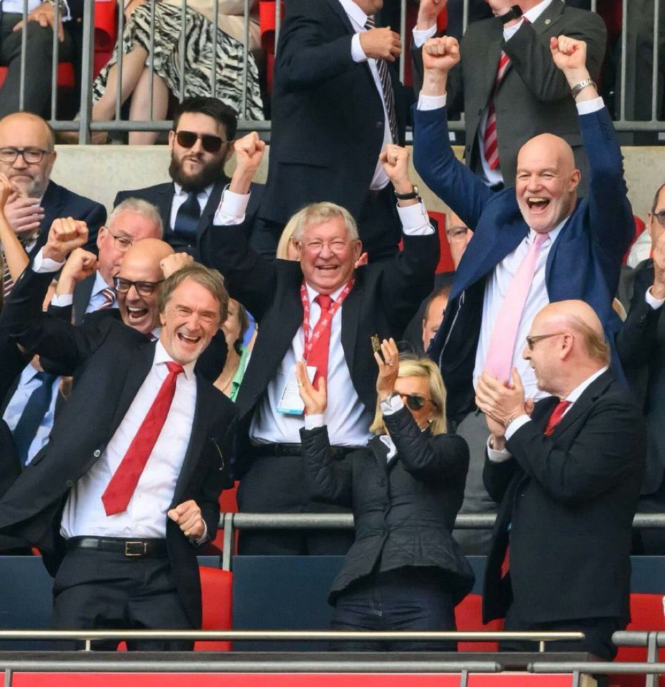 Sir Jim Ratcliffe celebrates winning the FA Cup.