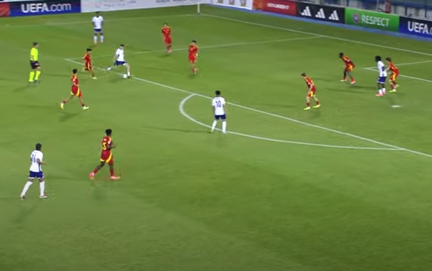 Mikey Moore pictured scoring a wondergoal for England against Spain at a U17 tournament in May 2024