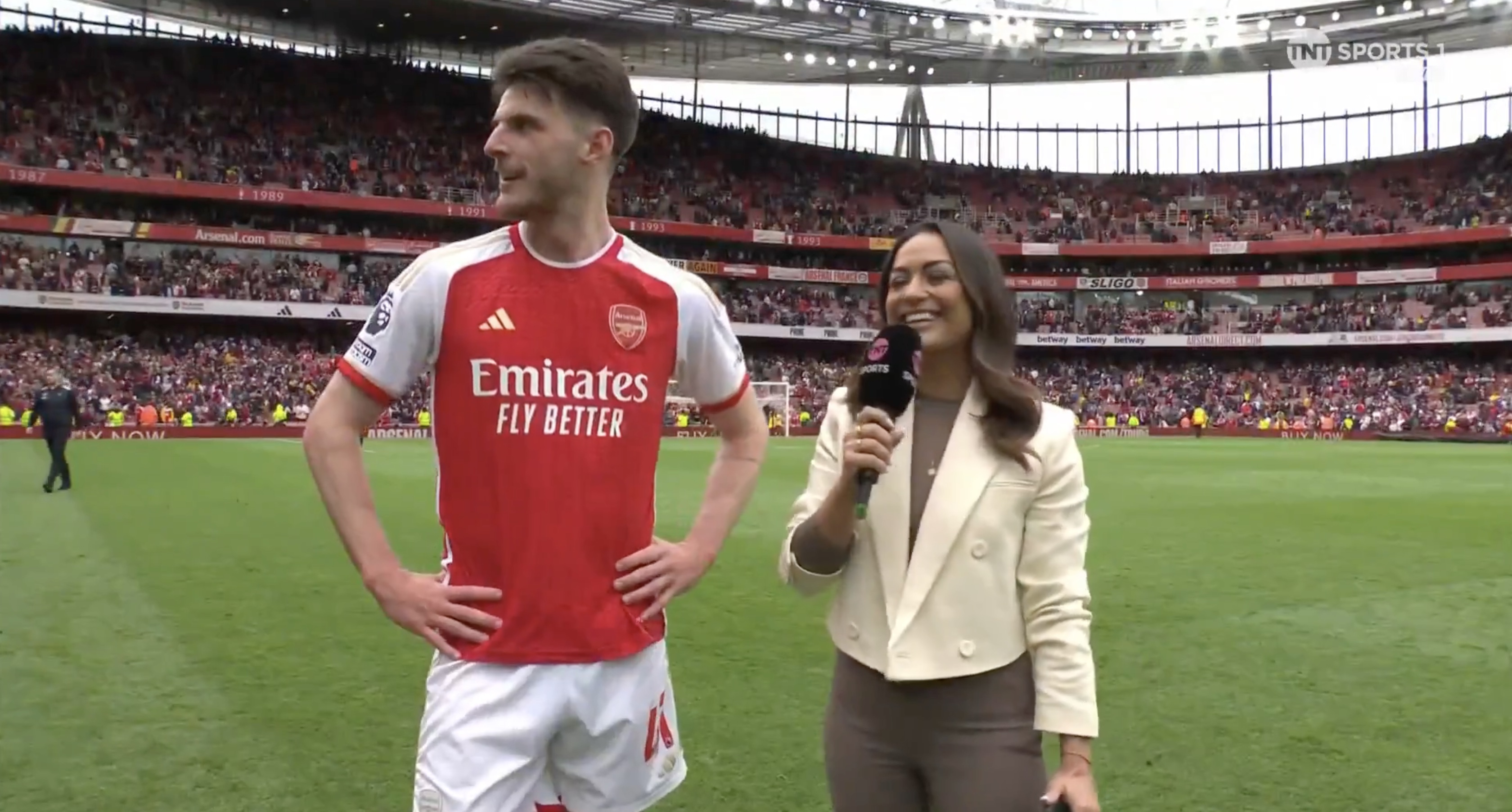 Declan Rice reacts to Arsenal's win over Bournemouth.