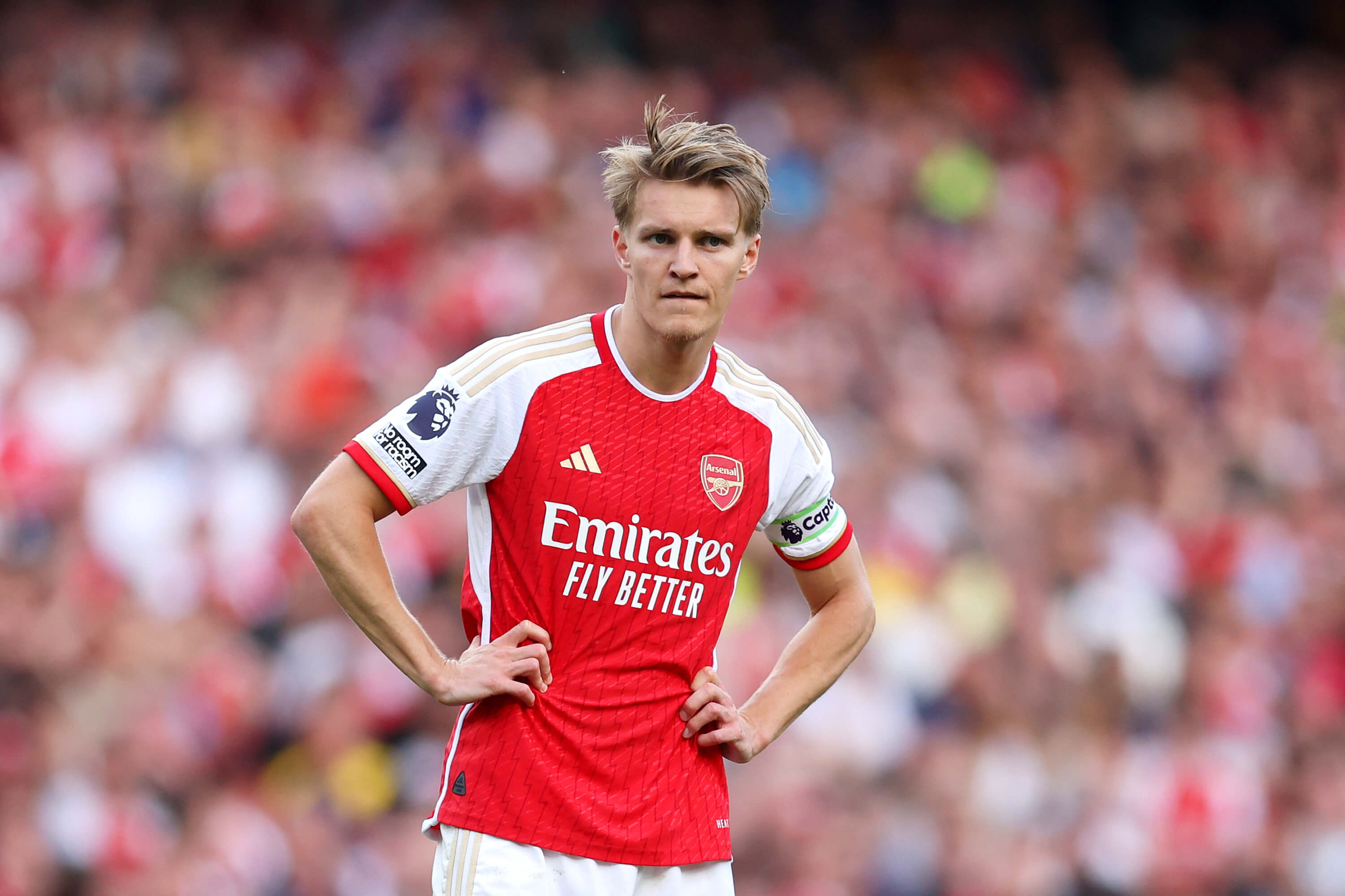 Martin Odegaard pictured during Arsenal's 2-1 win over Everton in the Premier League at the Emirates Stadium on May 19, 2024.