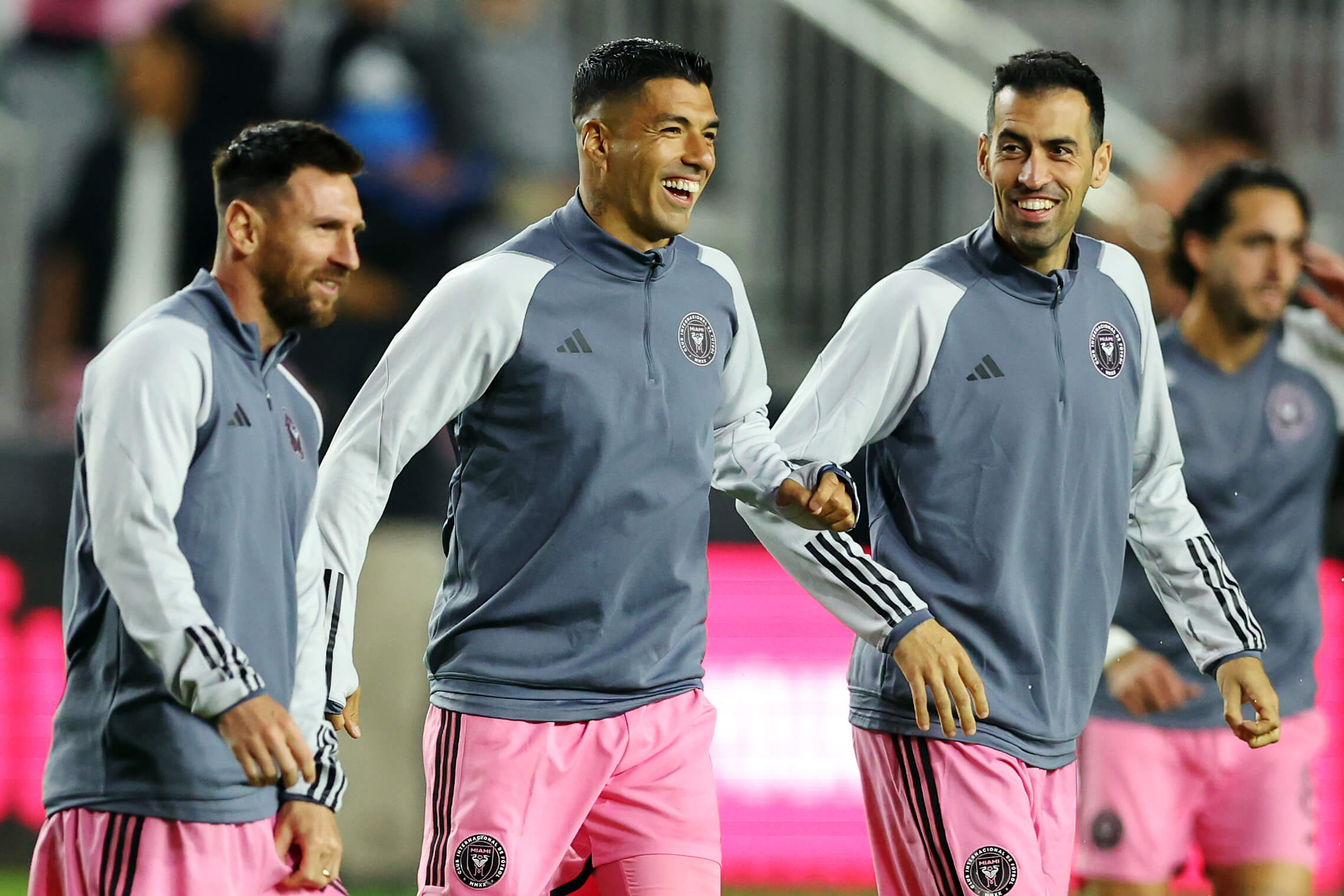 Lionel Messi, Luis Suarez and Sergio Busquets pictured together ahead of Inter Miami's MLS match with Real Salt Lake on February 21, 2024.