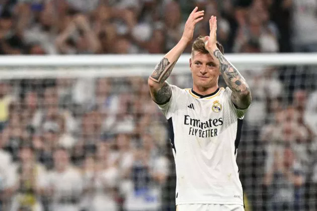 Toni Kroos gestures as he leaves the pitch during the Spanish league football match between Real Madrid CF and Real Betis at the Santiago Bernabeu stadium in Madrid on May 25, 2024.
