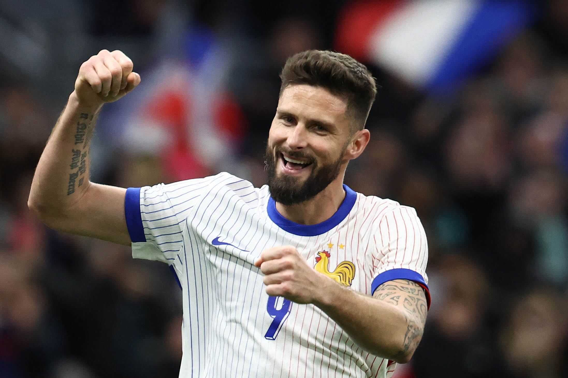 Olivier Giroud celebrates a goal during France's friendly match against Chile on March 26, 2024.