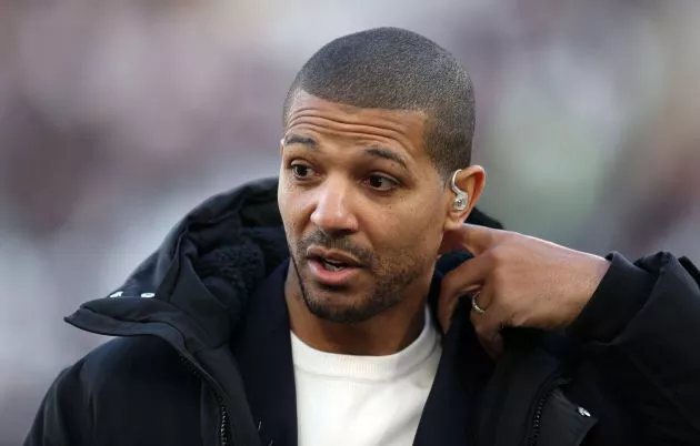 Former Leeds United player Jermaine Beckford is interviewed before the match during the Emirates FA Cup Third Round match between West Ham United and Leeds United at London Stadium on January 09, 2022 in London, England.